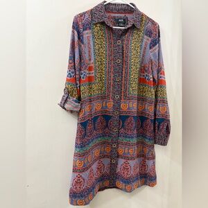 Maeve Anthropologie Multicolor Printed long sleeve shirt dress -100% silk-size 6
